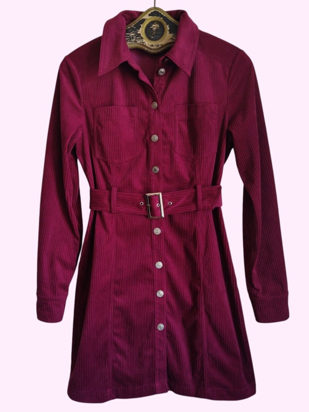 Sugar Lips Burgundy Corduroy Mini Shirt Dress Belt Button Front Sz S